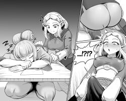 !? ... 1futa 1girls :o ass breasts closed_eyes closed_eyes clothed clothing erection erection_under_clothes female futa/female futa_on_female futanari gradient_background huge_cock medium_breasts medium_hair monochrome nintendo open_mouth paya_(zelda) penis pointy_ears princess_zelda size_difference sleeping smile speech_bubble surprised sweat tekkin_papa the_legend_of_zelda the_legend_of_zelda:_breath_of_the_wild zzz