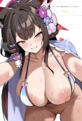 absurdres animal_ear_fluff animal_ears areola_slip bent_over bikini bikini_top_only blue_archive blush bottomless breasts brown_hair collarbone colored_inner_hair dush_1154 female flower fox_ears fox_girl hair_flower hair_ornament halo highres huge_breasts leaning_forward long_hair looking_at_viewer multicolored_hair nipples one_breast_out pussy red_hair simple_background smile sweat swimsuit thighs very_long_hair wakamo_(blue_archive) wakamo_(swimsuit)_(blue_archive) white_background yellow_eyes