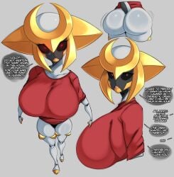 1girls anthro ass big_ass big_breasts black_sclera dat_ass dialogue english_text female female_only generation_4_pokemon giratina grey_background heart-shaped_pupils hi_res huge_breasts legendary_pokemon looking_at_viewer nintendo pokemon pokemon_(species) red_eyes saltyxodium solo speech_bubble t-shirt talking_to_viewer thick_ass
