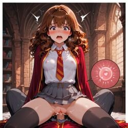 ai_generated black_socks brown_hair cowgirl_position harry_potter hermione_granger impregnation schoolgirl socks thigh_socks thighhighs