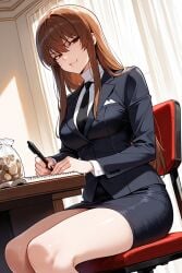 1girls ai_generated black_necktie black_suit breasts brown_eyes brown_hair death_note death_note_(object) down_view female genderswap_(mtf) light_yagami looking_at_viewer medium_breasts pencil_skirt potato_chips rule_63 sitting solo thighs writing_in_notebook