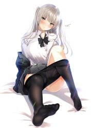1girls absurdres black_bow black_bowtie black_pantyhose blazer blush bow bowtie breasts closed_mouth clothes_pull collared_shirt grey_eyes grey_hair grey_jacket grey_skirt gusset head_tilt highres jacket knee_up large_breasts long_hair looking_at_viewer minamihama_yoriko no_shoes off_shoulder original pantyhose pantyhose_pull school_uniform shirt sidelocks signature sitting skirt solo twitter_username white_shirt