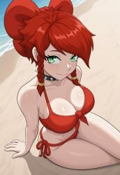 ai_generated beach bikini blush bow braided_hair civitai cleavage green_eyes hairbow large_breasts looking_at_viewer pokemon pokemon_utopus red_hair scarlet_selah sitting smile spiked_collar spikey_hair the_loading_crew theloadingcrew utopus youtube