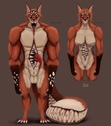 abs anthro balls body_horror breasts canid canine duo female fox genitals hi_res litehase living_tail long_nails male mammal multi_eye multi_mouth muscular nipple_mouth penis simple_background tail tail_head tail_mouth teeth tongue unusual_anatomy unusual_tail vein