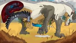 absurd_res anal anal_orgasm anal_sex anal_vore animal_genitalia animal_penis anus ass ass_up balls belly blue_eyes bodily_fluids claws cum cum_drip cumshot dragon dripping ears_up eastern_dragon ejaculation equine_genitalia equine_penis feet female feral field fur furred_dragon furred_scalie genital_fluids genitals gradient_penis group hands-free handwritten_text hi_res hindpaw horn inner_ear_fluff inside kobold male male/female male/male mark_(itzmark) motion_lines mythological_creature mythological_scalie mythology orgasm pawpads paws penetration penis reborned_tigrex_(author) scalie sky tail text toe_claws trio tuft vore wheat wheat_field white_body