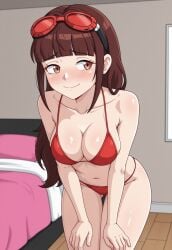 ai_generated bedroom bikini blunt_bangs blush brown_eyes brown_hair civitai cleavage goggles goggles_on_head leaning_forward long_hair looking_away luna_walker nervous pokemon pokemon_utopus shy shy_smile smile the_loading_crew theloadingcrew utopus youtube