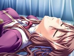 1girl brown_hair closed_eyes cum cum_in_mouth game_cg gokkun hatoba_sakura hikage_eiji liquid_(company) lying nexton ribbon sei_dorei_gakuen tagme tears