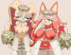 absurd_res anthro big_breasts bouquet breasts bridal_lingerie bride canid canine canis clothing conductor's_wife_(sonic) digital_media_(artwork) domestic_dog duo eyelashes female fingers flower flower_bouquet fur genitals gloves hair handwear hi_res holding_object inker_comics lagomorph legwear leporid lingerie lips looking_at_viewer mammal nipples plant pubes pussy rabbit sega simple_background smile sonic_the_hedgehog_(series) the_murder_of_sonic_the_hedgehog toony vanilla_the_rabbit wedding_veil