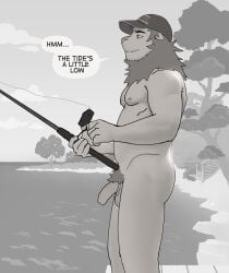 anthro ass balls baseball_cap baseball_cap_only belly casual_nudity clothing dialogue echto english_text felid fishing flaccid foreskin genitals greyscale hat headgear headwear hi_res humor lion male mammal mane mature_male monochrome nipples outside pantherine pecs penis plant pubes side_view solo speech_bubble standing text tree