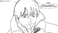 1boy1girl after_fellatio after_oral blowjob cock cum cum_on_face cum_on_hair cumshot dialogue_box dick facial faprika female light_yagami looking_at_viewer male monochrome naomi_misora oral oral_sex penis small_penis white_background