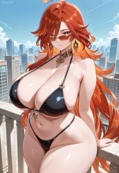 1girls ai_generated big_breasts breasts female female_focus genshin_impact hips huge_breasts large_breasts long_hair mavuika_(genshin_impact) navel orange_eyes orange_hair sunglasses thick_thighs thighs wide_hips