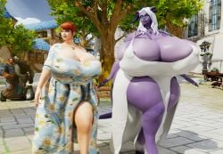 background_character background_characters bakaras bbw big_breasts big_thighs broken_horn draenei gigantic_breasts glasses heterochromia horns huge_breasts human milf necklace purple_skin red_hair ridiculous selanaar stormwind sundress thick_thighs white_hair world_of_warcraft