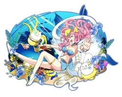 big_ass big_breasts colorful crown feline jewelry navel pink_hair ribbon seaside smile star the_battle_cats thighs water