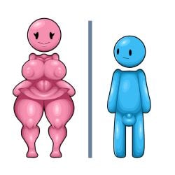 1boy 1girls ass bathroom_gender_symbol big_ass big_breasts big_penis blue_body gigantic_ass gigantic_breasts pink_body sex warning_sign_person