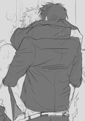 2boys against_wall anal anal_sex arms_around_neck bodily_fluids breath carrying carrying_partner cling clinging embrace gakuran gay genital_fluids gintama gintoki_sakata hug implied_anal male male_only monochrome pants_down school_uniform sex spread_legs stand_and_carry_position standing standing_sex takagin9_10 takasugi_shinsuke yaoi
