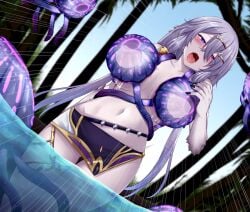 blue_eyes blush breast_sucking breasts character_request copyright_request cowboy_shot female grey_hair heart heart-shaped_pupils heterochromia jellyfish lactation large_breasts long_hair navel nipples palm_tree partially_submerged purple_eyes symbol-shaped_pupils topless_female tree vellark