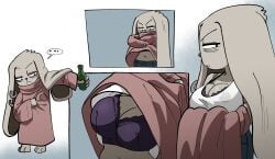 1girls bra breasts bunny_tail canela_(inkershike) cigarette cleavage coolerinker eyebags female furry huge_breasts inker_comics inkershike long_ears original original_character pants piercing pink_clothing purple_bra rabbit rabbit_ears rabbit_girl robe unbuckled_belt undressing white_shirt