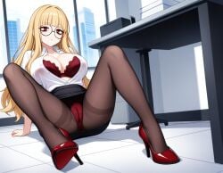 1girls ai_generated bags_under_eyes bangs black_skirt blonde_hair blossomtea blunt_bangs boots bra breasts brown_pantyhose building cameltoe cleavage collarbone crotch_seam female full_body glasses hassaku_xl high_heel_boots high_heels indoors isabella_(rondon_series) lace-trimmed_bra lace_trim large_breasts long_hair masa_works_design office office_lady panties panties_under_pantyhose pantyhose paper paper_stack pencil_skirt red_bra red_eyes red_footwear red_panties rondon_series round_eyewear self-upload shirt shoes short_sleeves skirt spread_legs thighband_pantyhose unbuttoned unbuttoned_shirt underwear very_long_hair white_shirt window yodayo
