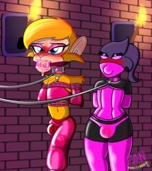 anthro ape ball_gag banette blush bodily_fluids bondage bondage bound brick_wall bulge catsuit_(disambiguation) chimpanzee clothing collar corset drooling dungeon duo eyelashes fan_(fan007) femboy gag gagged gagged_drooling generation_3_pokemon gloves handwear haplorhine harem harem_outfit hi_res josh_rocket latex latex_clothing leash legwear lingerie makeup male male/male mammal nintendo null_bulge otm_gag pan_(genus) pokemon pokemon_(species) primate restraints rocket_the_chimpanzee rope rope_bondage saliva sex_slave slave thigh_highs thomb thong topwear torch underbust_corset underwear wall_(structure)