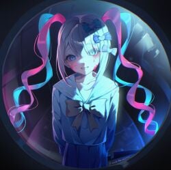 blood blood_on_face blue_eyes blue_hair bow bowtie chouzetsusaikawa_tenshi-chan collarbone female grey_hair grin highres long_hair looking_at_viewer multicolored_hair needy_girl_overdose pink_hair pleated_skirt pov_peephole sailor_collar school_uniform serafuku skirt smile teeth twintails uchihasakino very_long_hair