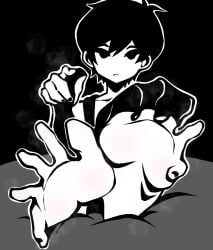 black_eyes black_hair curled_toes feet femboy fingerlike_toes flexible_toes foot_fetish foot_focus foot_worship footwear gay greek_toe holding_socks indifferent long_toes looking_at_viewer male male_only omori omori_(character) otoko_no_ko pale_skin peacematoru simple_background simple_coloring simple_shading sitting_on_bed smelly socks steam sweaty tank_top toenail_polish twink yaoi