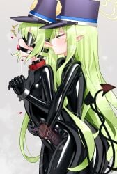 2girls absurdres ball_gag black_blindfold blindfold blue_archive bodysuit breasts collar cuffs dildo drool drooling female female_masturbation finger_in_another's_mouth fingering fingering_partner fingering_while_penetrating gag gagged gagged_female green_hair handcuffs hat highres hikari_(blue_archive) impossible_bodysuit impossible_clothes latex latex_bodysuit long_hair maguro27 masturbation multiple_girls nozomi_(blue_archive) pointy_ears saliva_drip sex sex_from_behind sex_toy shako_cap simple_background skin_tight small_breasts standing stomach_bulge strap-on strap-on_in_pussy tail vaginal_penetration very_long_hair wrists_bound wrists_together x-ray x-ray_view xray_view yellow_eyes young yuri
