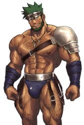 armband armor bara beard green_beard green_hair grin hairy_arms hairy_body hairy_chest hairy_legs jockstrap looking_at_viewer male male_only manly muscular muscular_arms muscular_legs muscular_male necklace nipples no_background satyroom scar sexy shoulder_pad