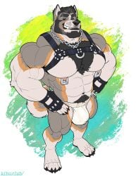 2025 abs abstract_background anthro areola barazoku beard bedroom_eyes biceps big_bulge big_muscles body_hair border bulge canid canine canis chain_necklace chains chest_hair claws clothed clothing deltoids domestic_dog ear_piercing eyebrows facial_hair fingerless_gloves fur gloves gradient_background green_background hair hand_on_hip handwear happy_trail harness hi_res high-angle_view huge_bulge huge_muscles jewelry jockstrap kihu leather looking_at_viewer magnus_malmberg male mammal manly muscular muscular_anthro muscular_male narrowed_eyes navel necklace nipple_piercing nipple_ring nipples pecs piercing plantigrade pubes ring_piercing seductive simple_background smile smirk solo spitz standing swedish_vallhund teeth thick_arms thick_thighs topless topless_anthro topless_male tuft underwear vein white_border