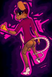 abstract_background anthro ass backsack balls barefoot baseball_cap beaded_bracelet beaded_jewelry beaded_necklace beads big_balls big_eyes blonde_highlights bottomless bracelet brown_body brown_fur brown_hair clothed clothing digital_media_(artwork) erection eyeshadow feet femboy fingerless_gloves fur genitals gesture gloves hair hand_gesture handwear hat headgear headwear hi_res highlights_(coloring) jewelry looking_at_viewer looking_back looking_back_at_viewer makeup male mammal multicolored_outline murid murine necklace orange_clothing orange_gloves orange_handwear outline penis pink_background plantigrade purple_background purple_clothing purple_eyeshadow purple_hat purple_headwear rat rat_tail rodent simple_background slim small_but_hung small_butt smile snufflesnuf soles solo tail thumbs_up topwear yellow_eyes