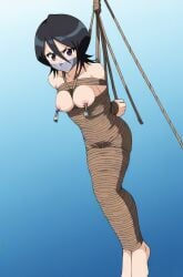 ai_generated bleach bondage female femsub gagged kuchiki_rukia mummification nipple_clamps nude suspension tape_gag taped_mouth tied_up