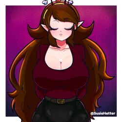 bee bee_girl big_breasts breasts brown_hair female inviting_to_kiss puckered_lips susie_(susiehatter) susiehatter voluptuous_female