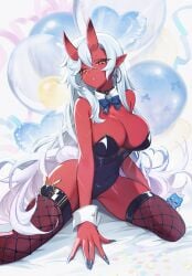 akumi animal_ears bangs bare_shoulders black_bow black_leotard black_nails blush bow bowtie breasts bunny_ears bunny_girl bunny_tail bunnysuit cleavage detached_collar earrings female fingernails fishnet_legwear fishnets hair_between_eyes heart high_heels highleg highleg_leotard horns jewelry large_breasts leotard long_fingernails long_hair looking_at_viewer nail_polish oni oni_horns parted_lips playboy_bunny_leotard pointy_ears red_leotard red_neckwear red_skin sharp_fingernails sitting skin-covered_horns solo strapless strapless_leotard tail thigh_strap thighhighs thighs very_long_hair vyugen white_hair wrist_cuffs yellow_eyes yoclesh