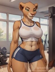 adult ai_assisted ai_generated anthro blush body cute detailed eyes facing_viewer fluffy full_body fur furry gym gym_clothes gym_uniform holdsteady large_breasts lioness mature nala nala_(the_lion_king) navel patreon patreon_username seductive sexy shorts slim smiling standing sweat tagme tail tank_top the_lion_king tuft voluptuous