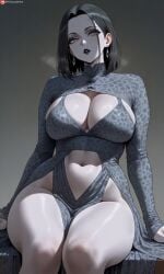 ai_generated big_breasts bigbizarts black_hair cheetah_print curvaceous goth_girl grey_body grey_dress grey_eyes kaida_(bigbizarts) makeup original_character thick_ass thick_thighs voluptuous