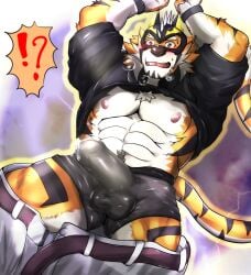 abs anthro blush bodily_fluids boxer_briefs clothing embarrassed erection erection_under_clothing felid fur genital_fluids hi_res lifewonders live_a_hero male mammal mask muscular muscular_anthro muscular_male nipples pantherine pecs precum precum_through_clothing ryekie_(live_a_hero) solo striped_body striped_fur stripes superhero tail tiger underwear wet wet_clothing yom_mido_plus