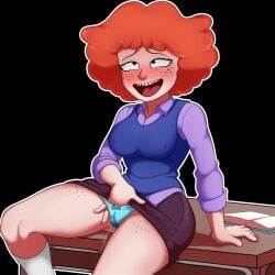 1girls adult_swim background_character big_breasts clothed clothing female freckles light-skinned_female light_skin masturbation oddrich orange_hair pleasure_face rick_and_morty young younger_female
