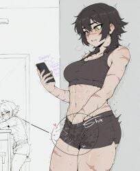 abs ai_assisted black_hair blush breasts bulge cellphone clothed_masturbation cum_in_clothes english_text female female_masturbation fingering futanari futanari_masturbation heart holding holding_phone masturbation medium_breasts medium_hair muscular muscular_female navel phone pussy_juice scar scar_on_arm scar_on_chest scar_on_face scar_on_leg scar_on_stomach scars short_hair shorts smartphone solo sondu sports_bra sweat teeth tomboy wolf_cut yellow_eyes