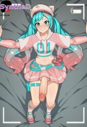 1futa ai_generated aqua_eyes aqua_hair artist_name artist_signature battery_indicator blue_hair blush crop_top cropped_hoodie erection full_body futa_sans_pussy futanari grin hair_ornament hat hatsune_miku hi_res high_resolution highres hood hoodie huge_cock intersex large_penis long_hair looking_at_viewer lying midriff multicolored_hair navel on_back patreon penis pink_hair shoes skirt smile socks solo synthed thigh_strap twintails uncensored veins veiny_penis vocaloid