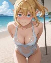 2025 ai_generated beach beach_umbrella blonde_female blonde_girl blonde_hair blonde_hair_female blue_eyes clouds elf_ears instagram meta not_porn ocean pekoillust pink_cheeks sand sky_background sun sunlight sunlight_rays unknown_character unknown_female unnamed_character water wet_body wet_skin wet_swimsuit white_swimsuit