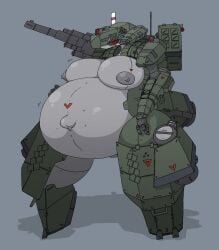 3_fingers armor_plates armored_female big_areolae big_belly big_navel body_markings cannon carabiner chevron_(marking) cute_fang dark_sclera female green_armor grey_body hage hand_on_belly hyper_belly lights living_machine looking_at_viewer machine mechanical military missile_launcher navel number_on_body popped_navel pregnant pregnant_anthro pregnant_female railgun red_eyes red_iris shadow shoulder_armor simple_background slit_pupils small_hands solo tank tankmorph thick_thighs weapon