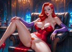 ai_generated big_breasts dress erect_nipples gloves jessica_rabbit looking_at_viewer no_bra no_panties pubic_hair pussy pussy_lips red_hair red_lipstick spread_legs thighs who_framed_roger_rabbit