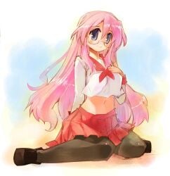 1girls 2000s bare_midriff blue_eyes female glasses hand_on_breast kneeling_on_ground looking_at_viewer lucky_star miyuki_takara momiji_mao pink_hair school_uniform smiling_at_viewer tagme very_long_hair
