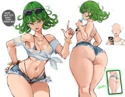 1boy 1boy1girl 1girls ass ass_focus back_view bald bald_man bikini booty_shorts casual crop_top daisy_dukes eating_food english english_text green_eyes green_hair hand_on_hip looking_at_viewer one-punch_man rakeemspoon saitama short_hair sunglasses sunglasses_on_head tatsumaki thick thick_thighs thighs viewed_from_behind