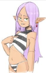 bikini bikini_top elf elf_ears elf_female elf_girl female frieren hand_on_breast purple_hair skuunk02 sousou_no_frieren white_hair