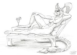abs breasts equis_universe female fluffy fur genitals ki'rinaes muscular nipples nude paws pussy redraw shasehra_gaelehrion smile solo summer sunny_way traditional_media_(artwork)