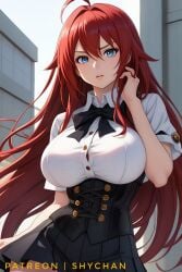 ahoge ai_generated bangs big_breasts blue_eyes bow breasts button_gap corset female female_only high_school_dxd red_hair rias_gremory ribbon school_uniform schoolgirl shirt shychan skirt stable_diffusion tight_clothing voluptuous