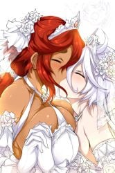2girls bride cleavage closed_eyes cute female female_only gloves gundam gundam_suisei_no_majo holding_hands kissing large_breasts miorine_rembran red_hair romantic suletta_mercury tsukasawa_takamatsu tukasawa02 wedding wedding_dress wedding_veil wholesome yuri