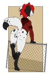 1boy animal_anus anthro anthro_focus anthro_male anthro_only anthro_solo anus ass asshole balls behind_view black_body black_fur black_spots blair_(marrionette) canid canine canine_anus canis claws colored_sketch cub dalmatian digital_drawing_(artwork) digital_media_(artwork) domestic_dog feet fence floppy_ears fluffy fluffy_hair fluffy_tail hair hands hi_res high_resolution highres hind_legs hindlegs hindpaw jacket leg_raised male male_anthro male_canine male_cub male_dog male_focus male_only original original_character pawpads paws pink_anus psy101 raised_leg raised_tail rear rear_view red_hair red_jacket simple_background smile smiling solo solo_anthro solo_focus solo_male spots spotted_body spotted_fur tail tail_raised tailhole toe_claws toes viewed_from_behind white_body white_fur young younger_female