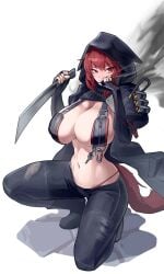 animal_ears arknights cassiri cleavage crownslayer_(arknights) female female hooded_jacket huge_breasts tail tight_clothing weapon zipper_pull_tab