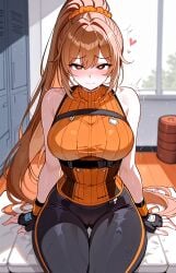 ai_generated breasts brown brown_eyes dnf_duel female fighter_(dungeon_and_fighter) hair large_breasts leggings striker_(dnf_duel) sweat turtleneck valkris9 voluptuous